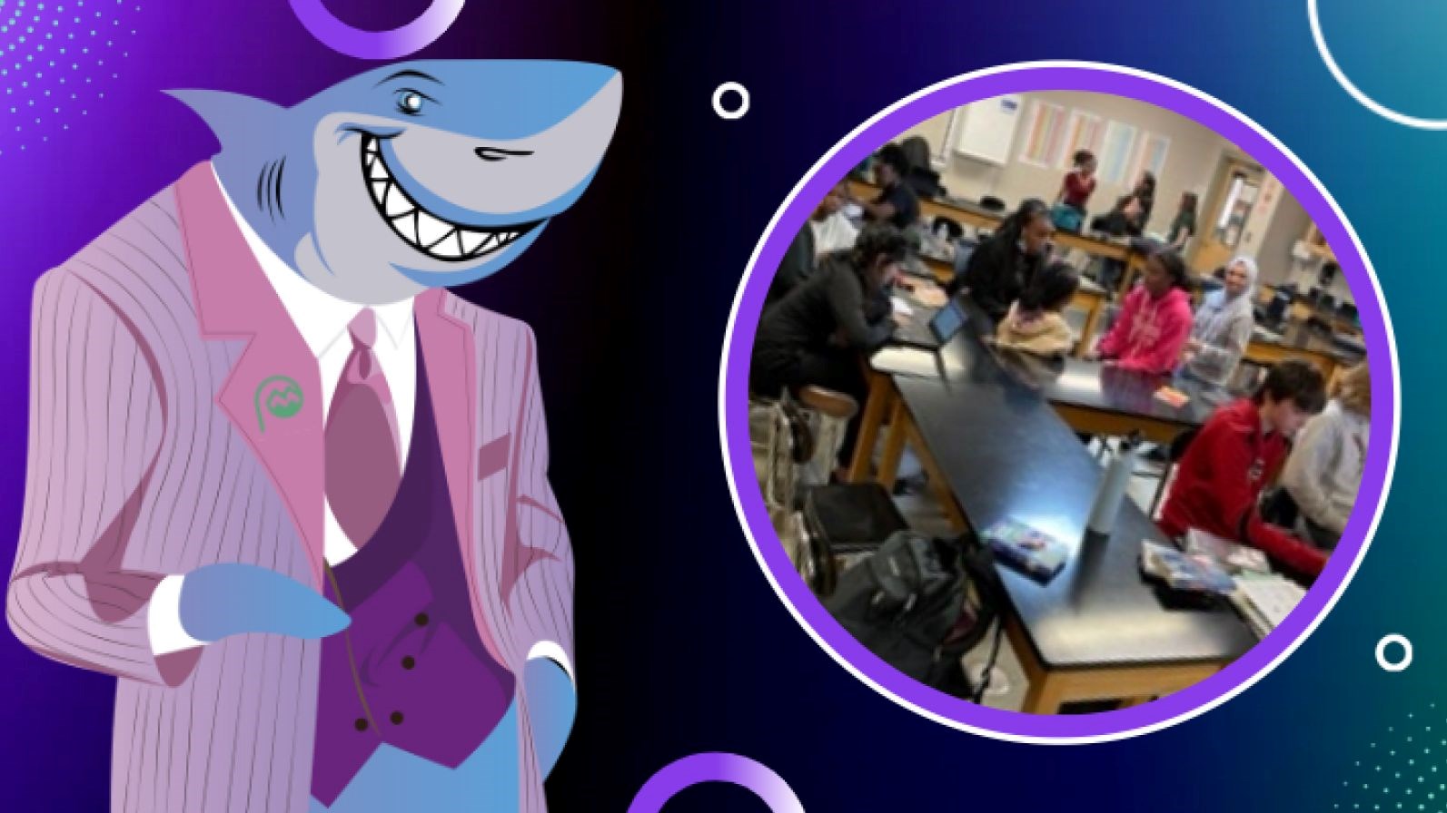 Cartoon shark with picture of classroom